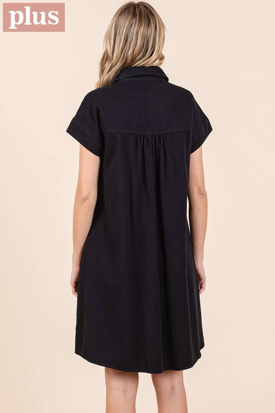 PLUS TWILL SHORT SLEEVE COLLARED MINI DRESS
