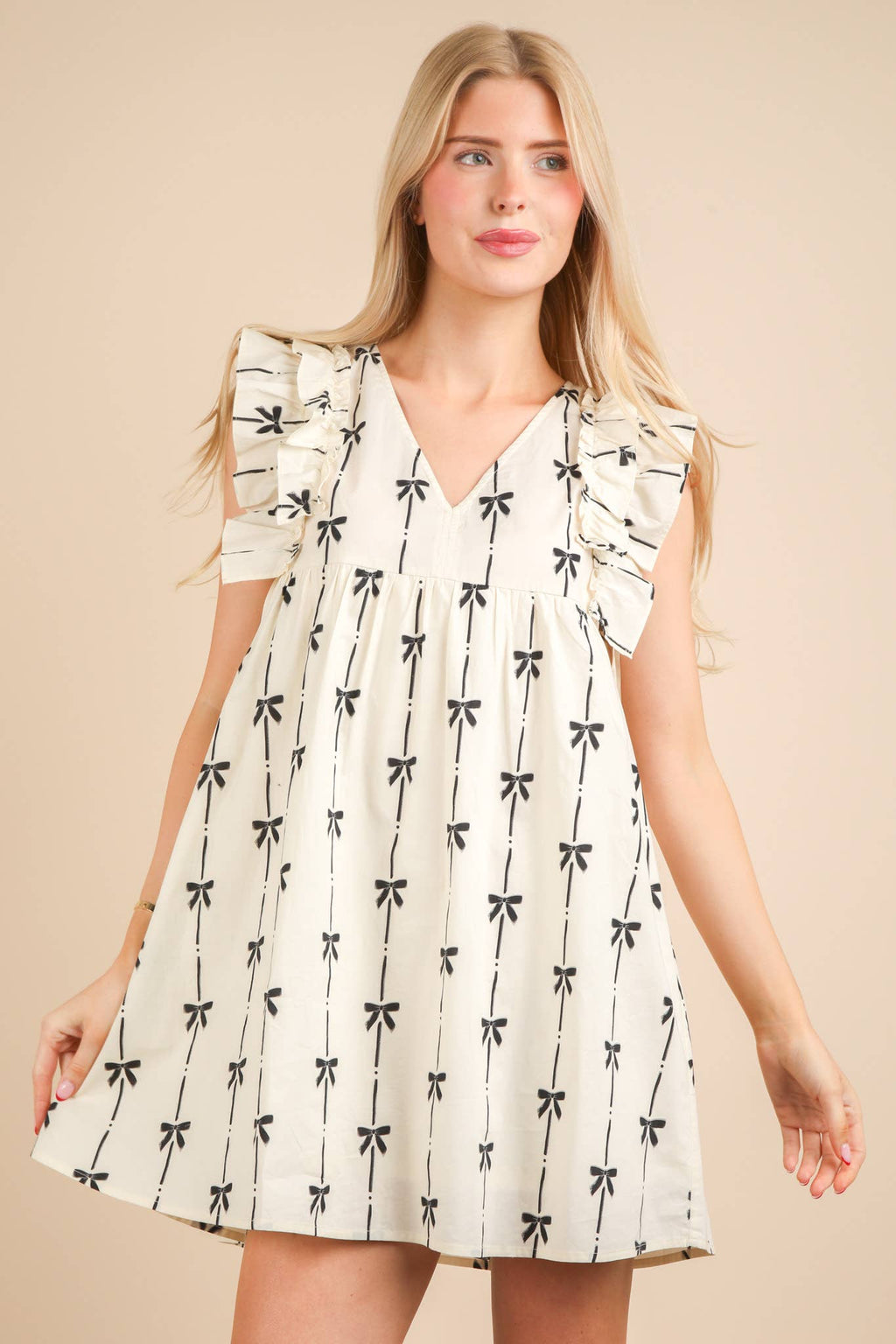 Bow Printed Sleeveless Mini Dress