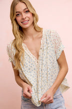Floral Crinkle Neckdrop Short Sleeve Blouse Top
