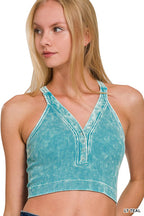Washed Ribbed Seamless Button V-neck Tank Top