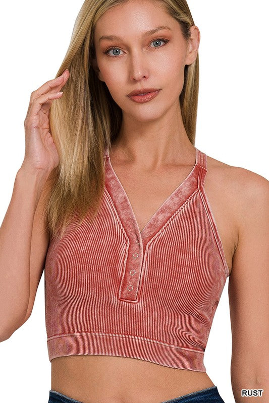 Washed Ribbed Seamless Button V-neck Tank Top
