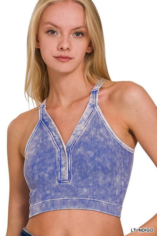 Washed Ribbed Seamless Button V-neck Tank Top