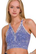 Washed Ribbed Seamless Button V-neck Tank Top