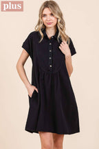 PLUS TWILL SHORT SLEEVE COLLARED MINI DRESS