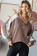 Animal Contrast Button Front Pullover Top T
