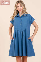 PLUS TWILL SHORT SLEEVE COLLARED MINI DRESS