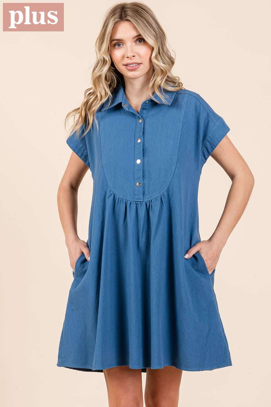 PLUS TWILL SHORT SLEEVE COLLARED MINI DRESS
