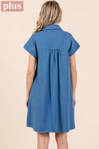 PLUS TWILL SHORT SLEEVE COLLARED MINI DRESS