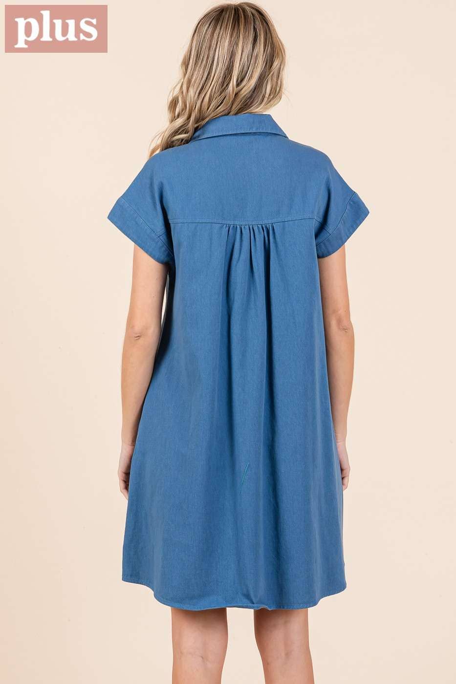 PLUS TWILL SHORT SLEEVE COLLARED MINI DRESS