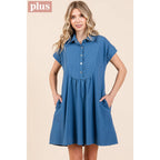 PLUS TWILL SHORT SLEEVE COLLARED MINI DRESS