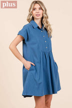 PLUS TWILL SHORT SLEEVE COLLARED MINI DRESS