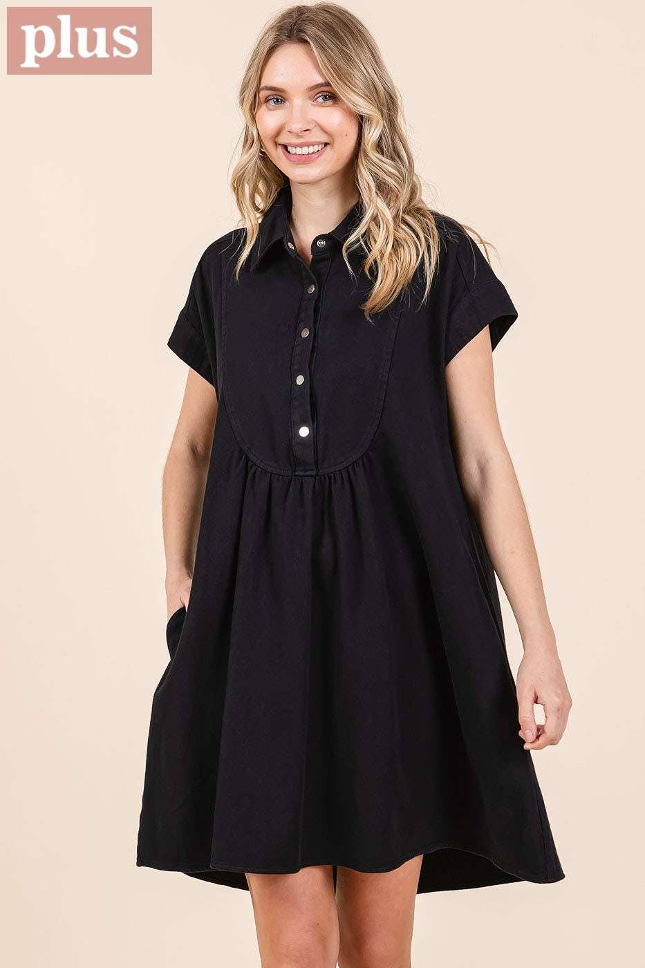 PLUS TWILL SHORT SLEEVE COLLARED MINI DRESS