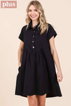 PLUS TWILL SHORT SLEEVE COLLARED MINI DRESS
