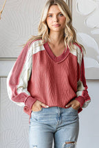 Cable Knit Color Block V Neck Long Sleeve Top T5694