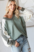 Cable Knit Color Block V Neck Long Sleeve Top T5694