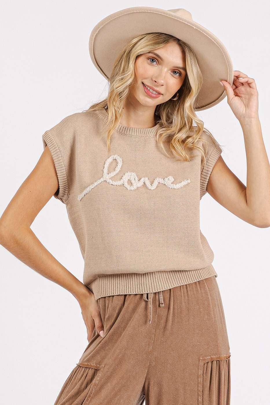 LOVE LETTERING CAP SLEEVE KNIT SWEATER TOP