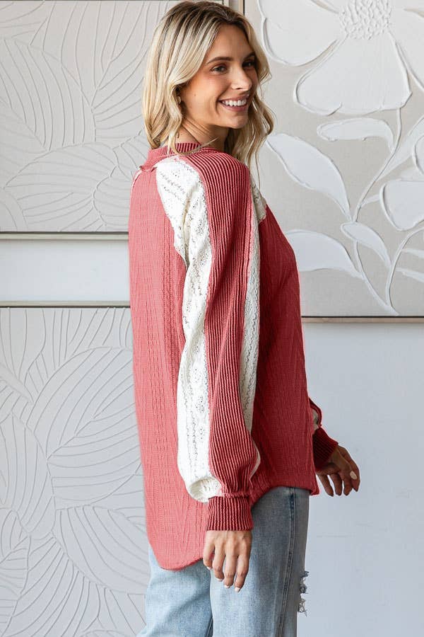 Cable Knit Color Block V Neck Long Sleeve Top T5694