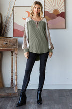 Animal Contrast Button Front Pullover Top T
