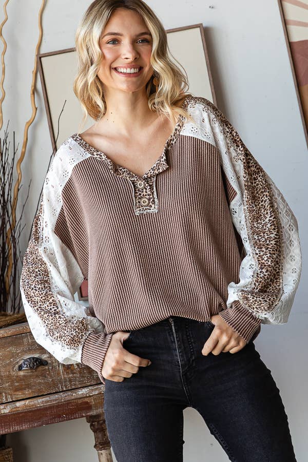 Animal Contrast Button Front Pullover Top T