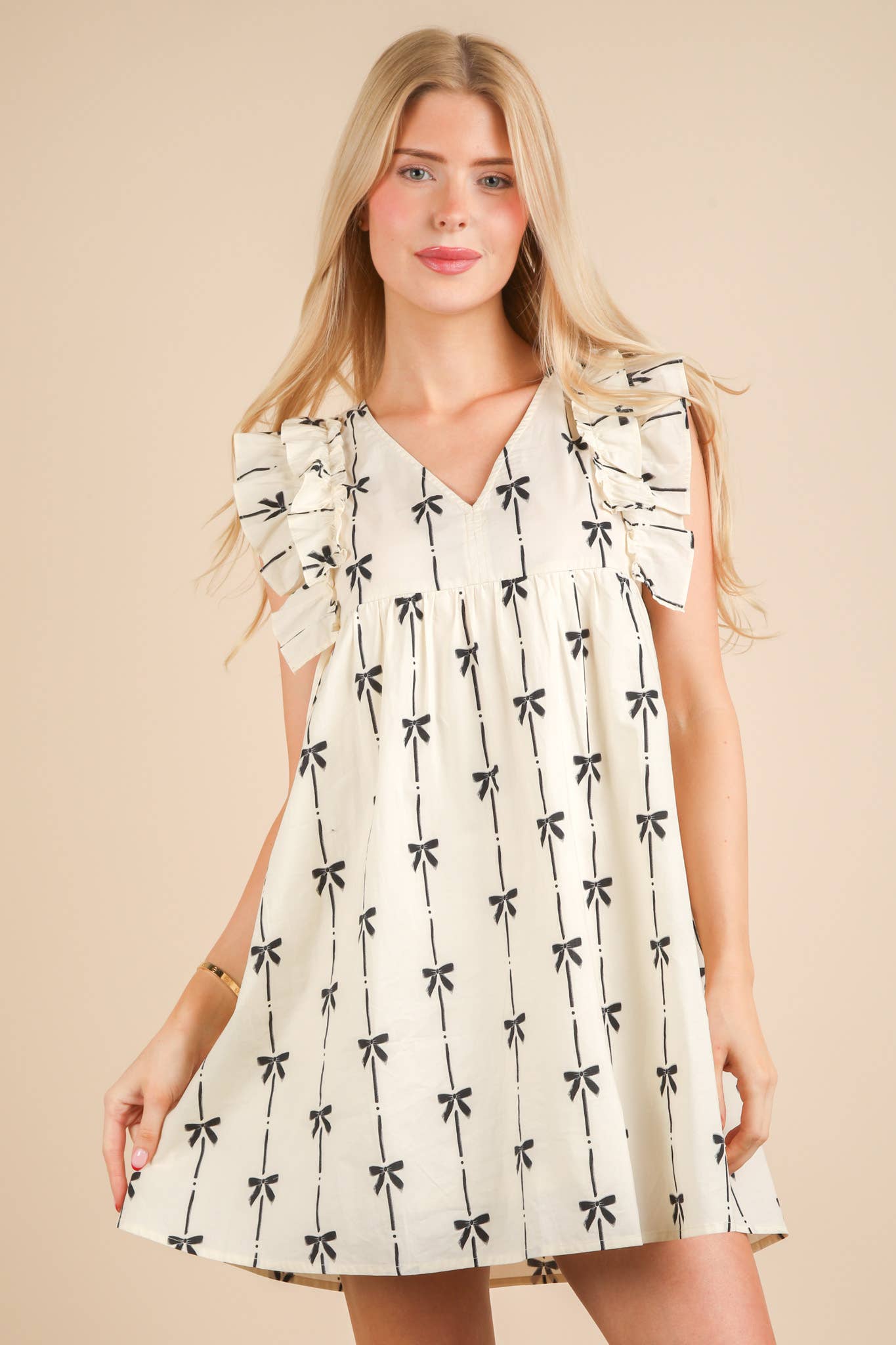 Bow Printed Sleeveless Mini Dress