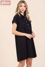 PLUS TWILL SHORT SLEEVE COLLARED MINI DRESS