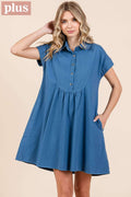 PLUS TWILL SHORT SLEEVE COLLARED MINI DRESS