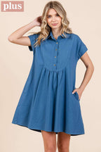 PLUS TWILL SHORT SLEEVE COLLARED MINI DRESS