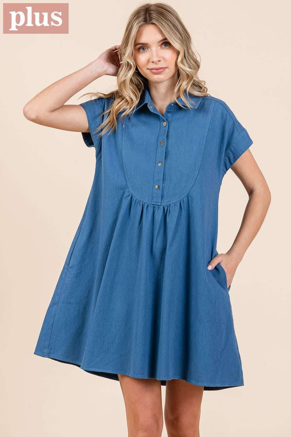 PLUS TWILL SHORT SLEEVE COLLARED MINI DRESS