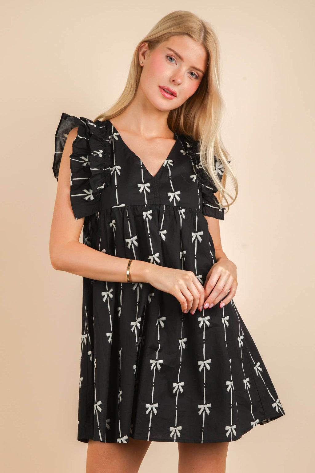 Bow Printed Sleeveless Mini Dress