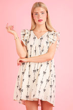 Bow Printed Sleeveless Mini Dress