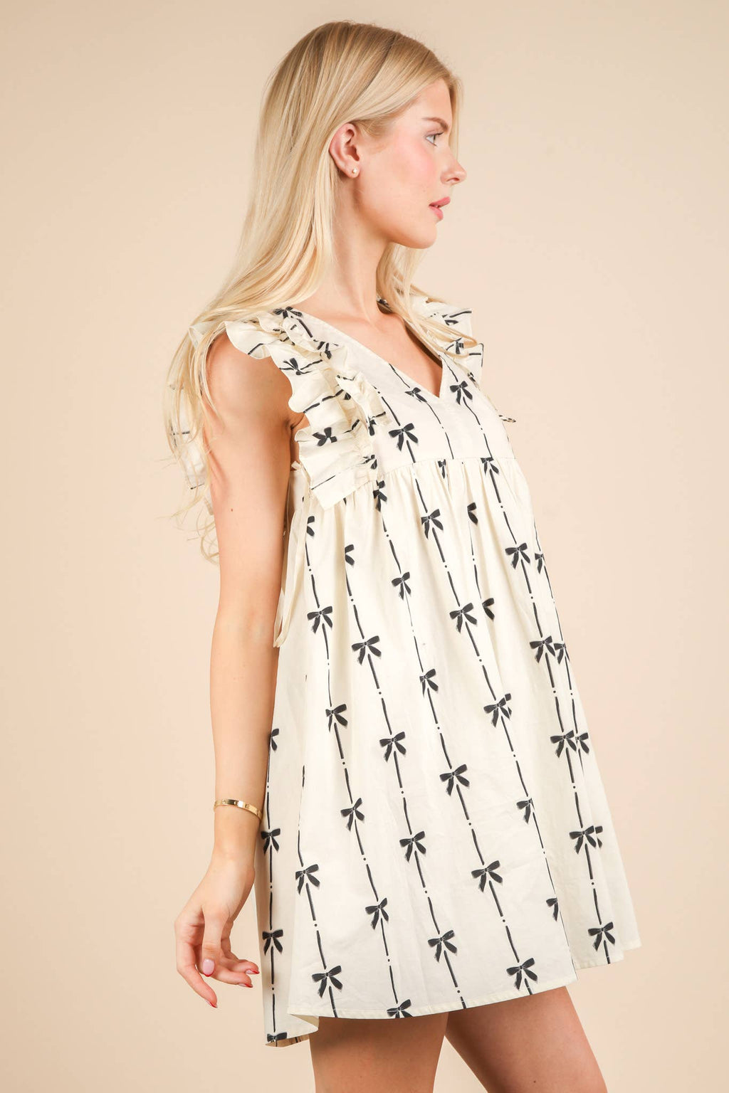 Bow Printed Sleeveless Mini Dress