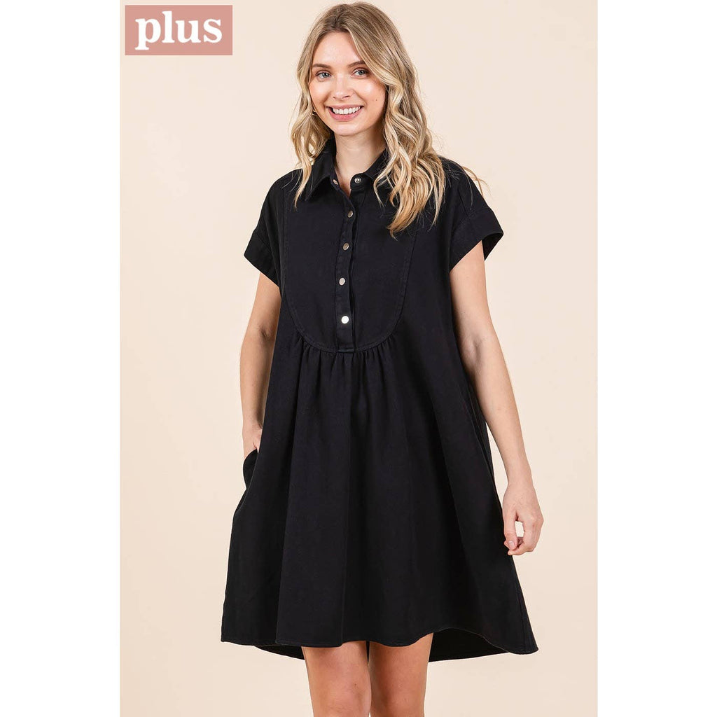 PLUS TWILL SHORT SLEEVE COLLARED MINI DRESS