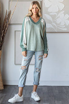 Cable Knit Color Block V Neck Long Sleeve Top T5694