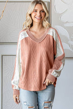 Cable Knit Color Block V Neck Long Sleeve Top T5694