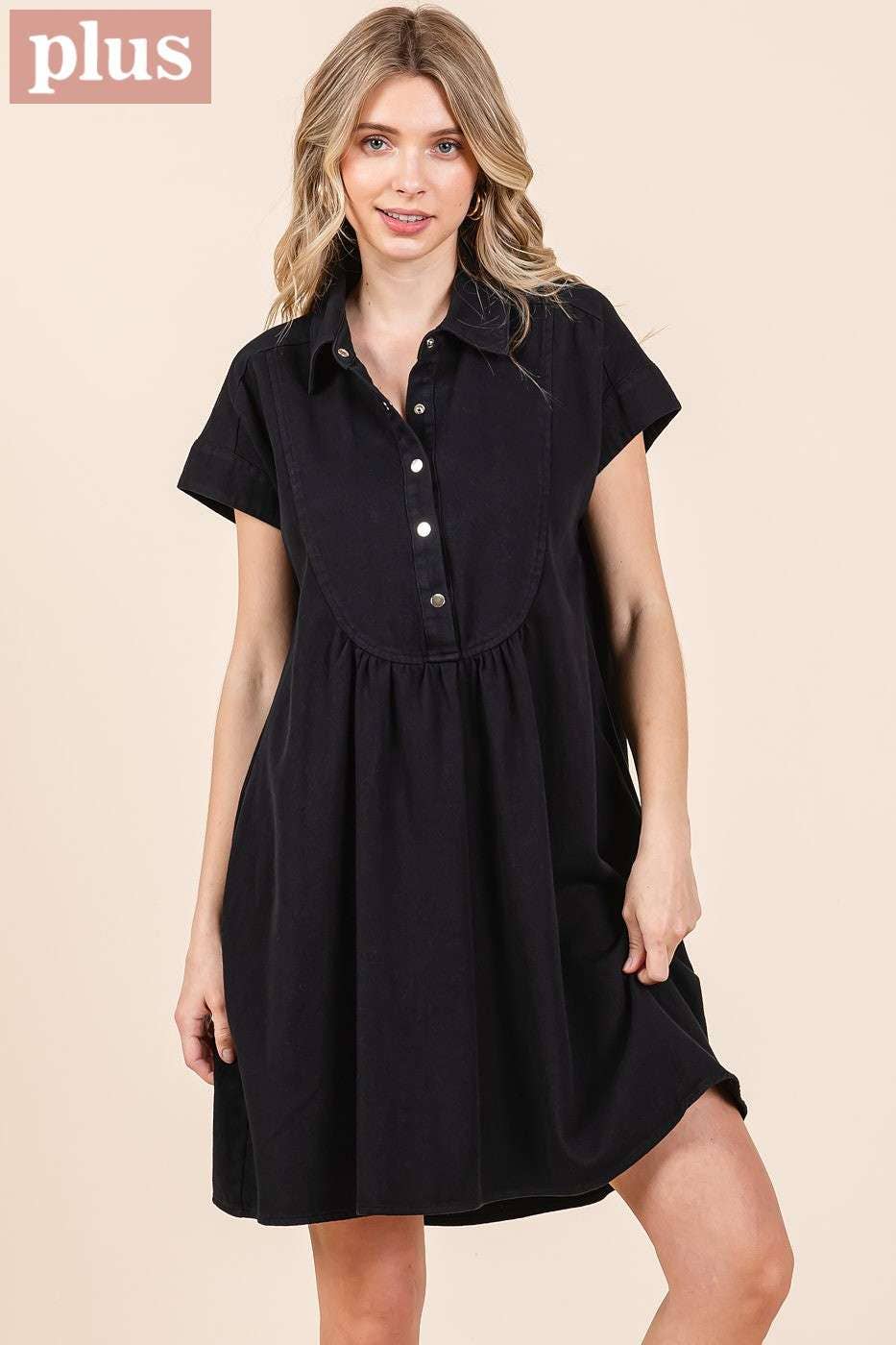 PLUS TWILL SHORT SLEEVE COLLARED MINI DRESS
