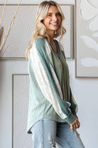 Cable Knit Color Block V Neck Long Sleeve Top T5694