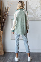 Cable Knit Color Block V Neck Long Sleeve Top T5694