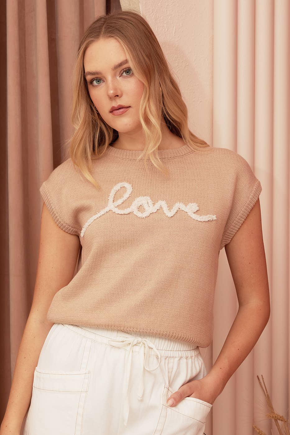 LOVE LETTERING CAP SLEEVE KNIT SWEATER TOP