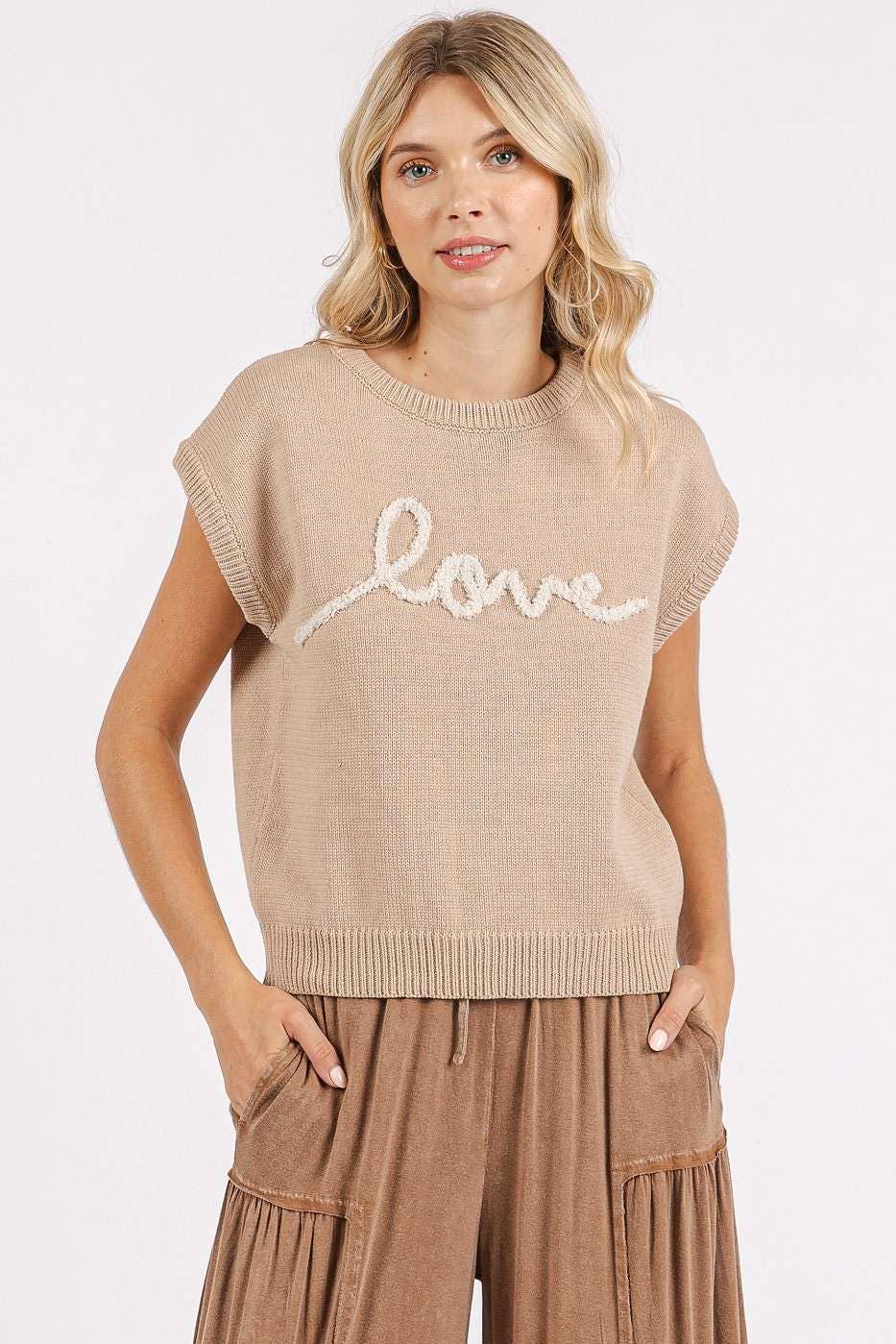LOVE LETTERING CAP SLEEVE KNIT SWEATER TOP