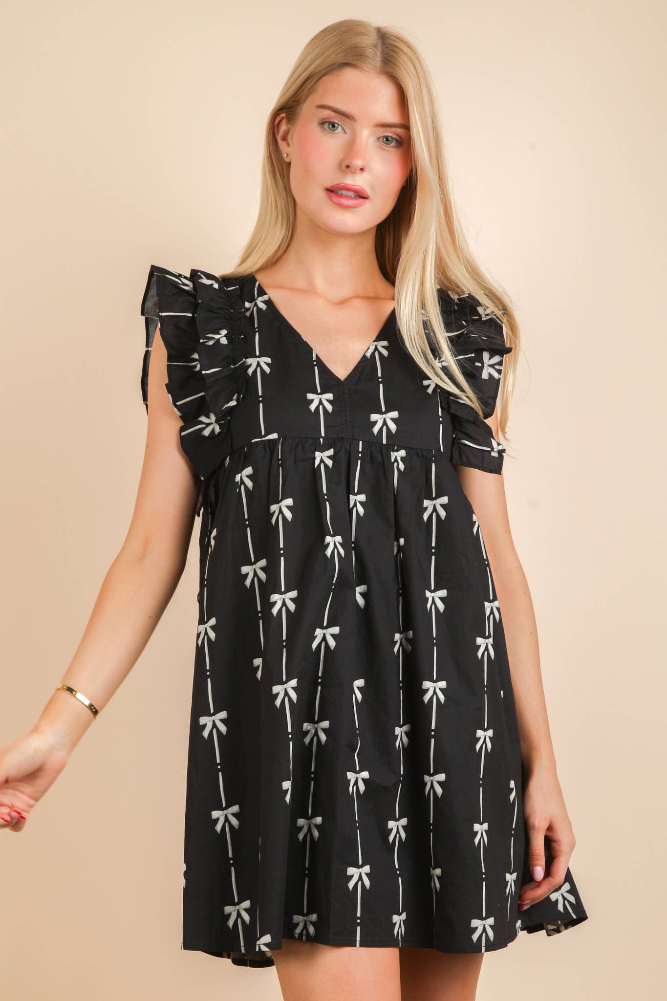 Bow Printed Sleeveless Mini Dress