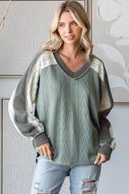 Cable Knit Color Block V Neck Long Sleeve Top T5694