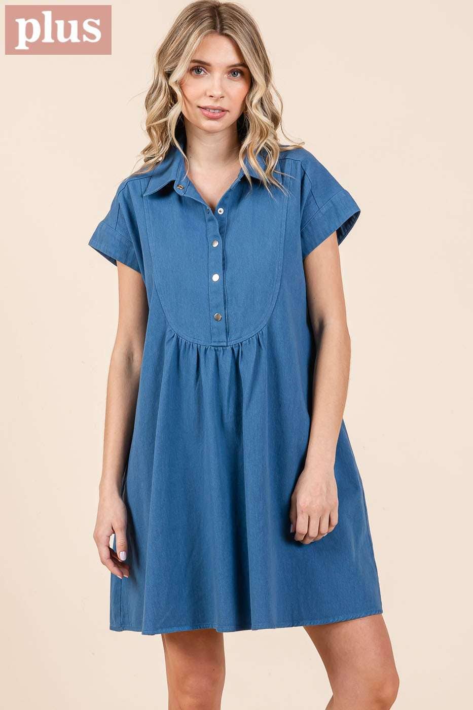 PLUS TWILL SHORT SLEEVE COLLARED MINI DRESS