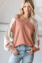 Cable Knit Color Block V Neck Long Sleeve Top T5694